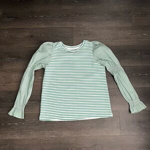 Addison Bay Womens XL Green White Soft Luxe Pullover Puff Sleeve Coquette Preppy